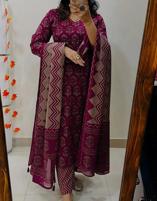 Pink Cotton Printed Kurta Set