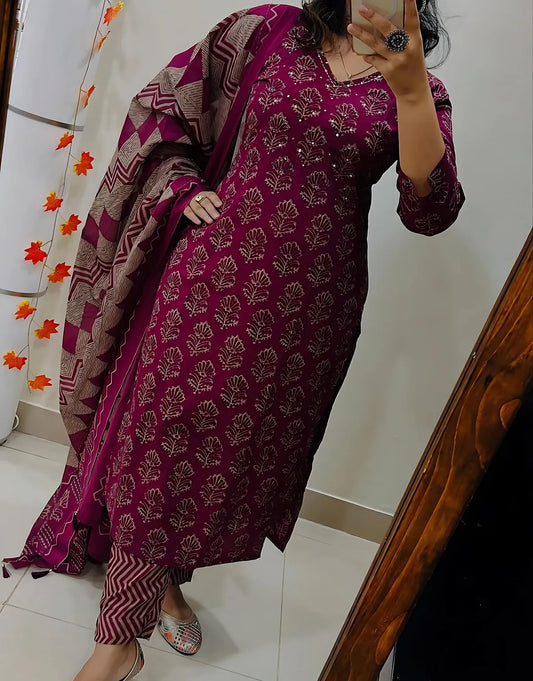 Pink Cotton Printed Kurta Set