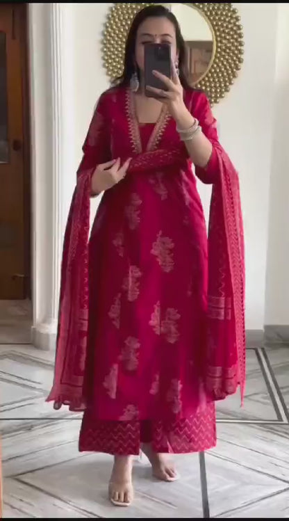 Neck Embroidered Red Pure Cotton Suit Set With Dupatta