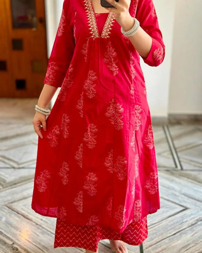 Neck Embroidered Red Pure Cotton Suit Set With Dupatta