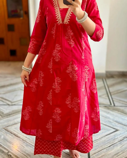 Neck Embroidered Red Pure Cotton Suit Set With Dupatta