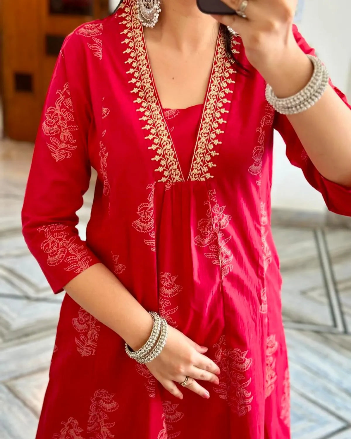 Neck Embroidered Red Pure Cotton Suit Set With Dupatta