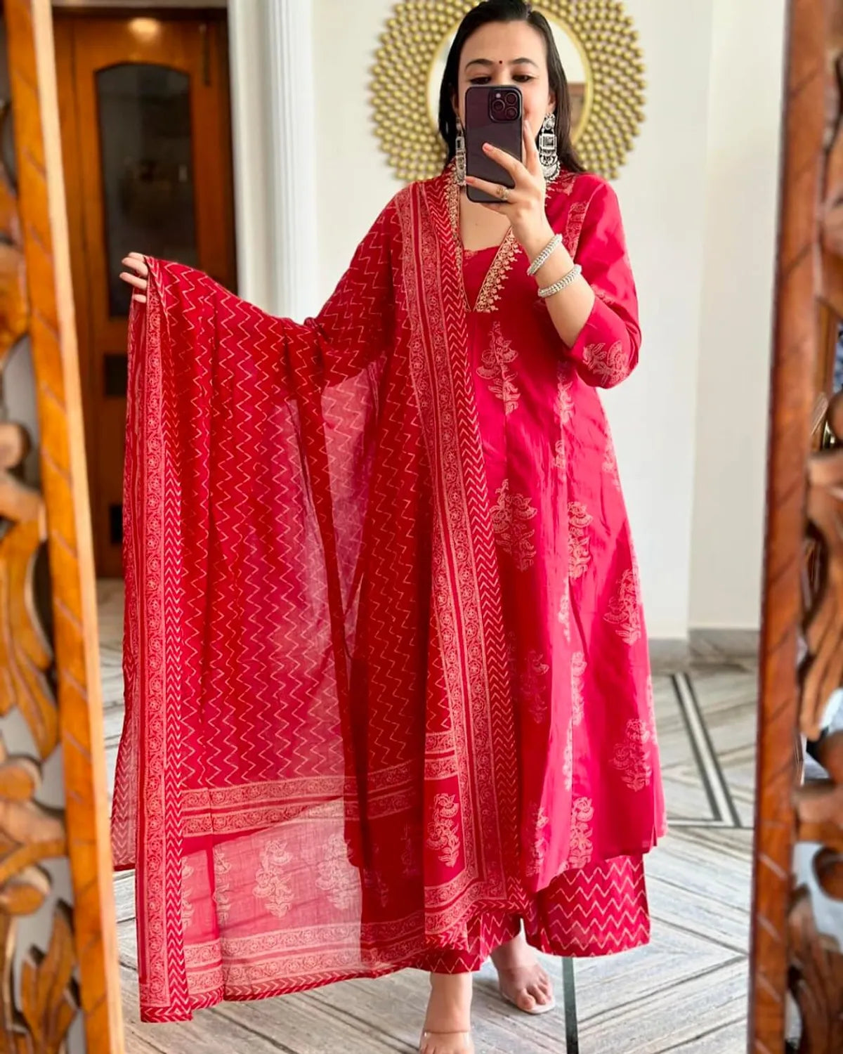 Neck Embroidered Red Pure Cotton Suit Set With Dupatta