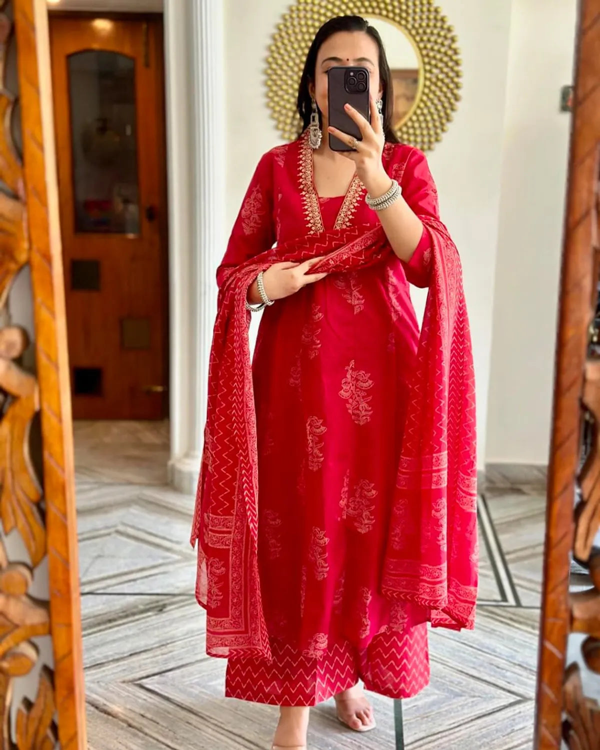 Neck Embroidered Red Pure Cotton Suit Set With Dupatta