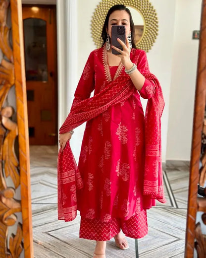 Neck Embroidered Red Pure Cotton Suit Set With Dupatta